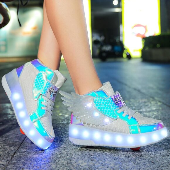 Kid's Girls Blue USB Chargable LED Lighting Roller Wheeled Skate Sneaker Shoes - Picture 4 of 7